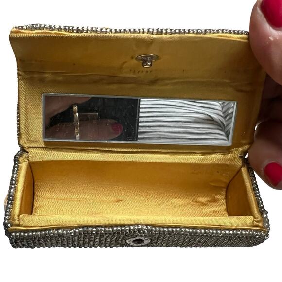 Vintage Black Silver Beaded Lipstick Case Butterfly Pattern Orange Satin Lined - Picture 5 of 6